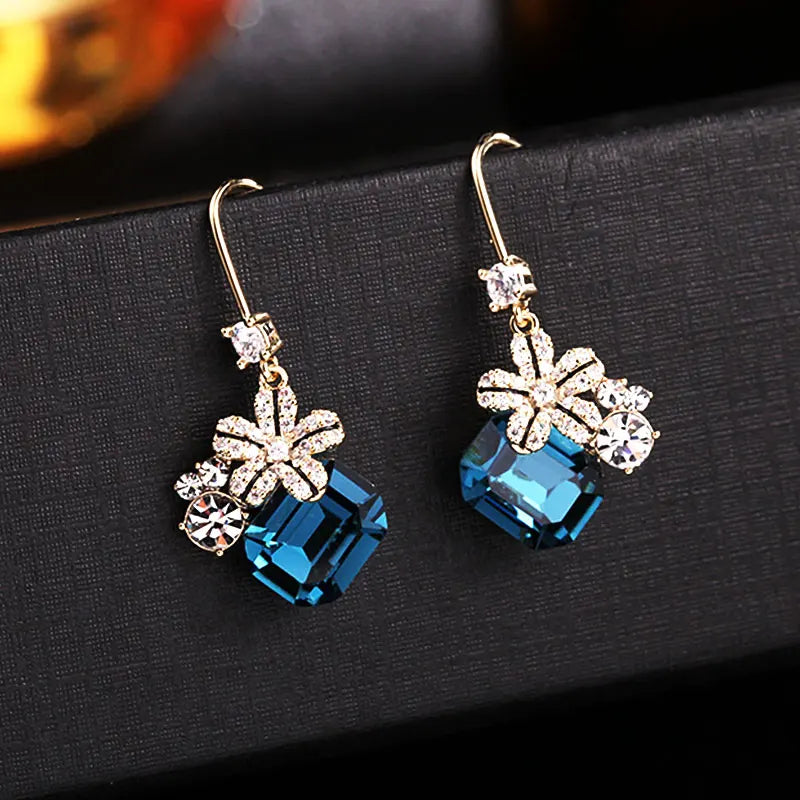 Vintage Flower Earrings Crystals S925 Silver Lady Wedding Party Gift