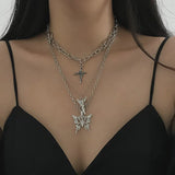 3pcs/set Butterfly Cross Angel Pendant Metal Chain Necklace for Women Punk