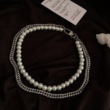 Hip Hop Silver Double Layer Pearl Titanium Steel Chain Necklace