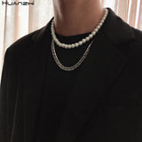 Hip Hop Silver Double Layer Pearl Titanium Steel Chain Necklace