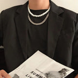 Hip Hop Silver Double Layer Pearl Titanium Steel Chain Necklace
