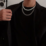 Hip Hop Silver Double Layer Pearl Titanium Steel Chain Necklace