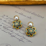 Vintage Enamel Pearls Geometric Flower Stud Earring