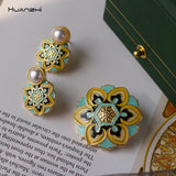Vintage Enamel Pearls Geometric Flower Stud Earring