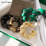 Leather Metal Twisted Weave Geometric Circle Earrings Green