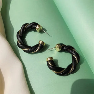 Leather Metal Twisted Weave Geometric Circle Earrings Green