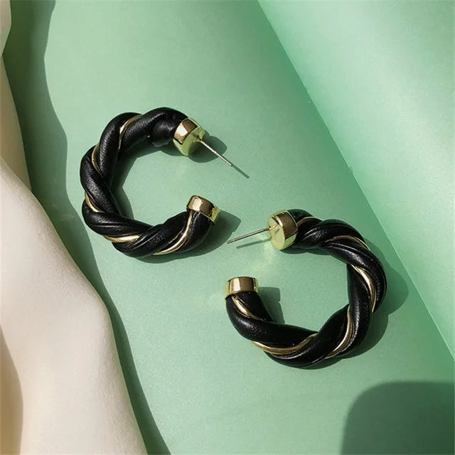 Leather Metal Twisted Weave Geometric Circle Earrings Green