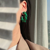 Leather Metal Twisted Weave Geometric Circle Earrings Green