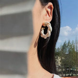 Leather Metal Twisted Weave Geometric Circle Earrings Green
