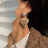 Vintage Baroque Pearl Heart Drop Earrings Geometric Metal For Women