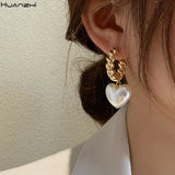 Vintage Baroque Pearl Heart Drop Earrings Geometric Metal For Women
