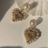 Vintage Baroque Pearl Heart Drop Earrings Geometric Metal For Women
