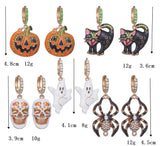 Halloween Metal Drip Pumpkin Cat Spider Zircon Earrings