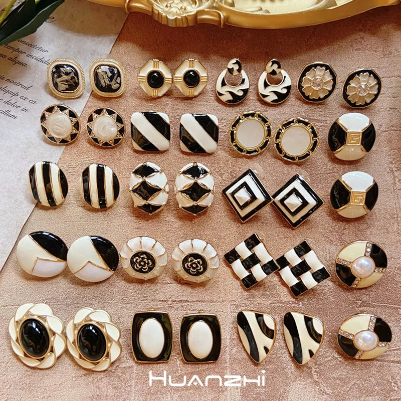 Geometric Glaze Enamel Stud Earrings Vintage Flower Stripe Girls Ear Jewelry