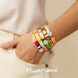 Boho Colorful Enamel Square Alloy Beaded Small Flower Metal Bracelet