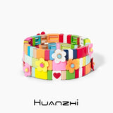 Boho Colorful Enamel Square Alloy Beaded Small Flower Metal Bracelet