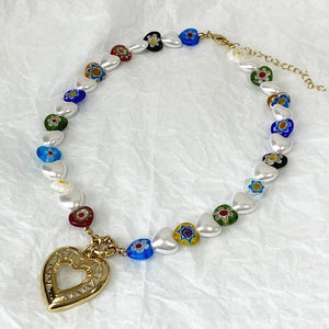 Hand-painted Flower Necklace Natural Freshwater Pearl Glass Beads Party Jewelry