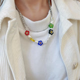 Hand-painted Flower Necklace Natural Freshwater Pearl Glass Beads Party Jewelry