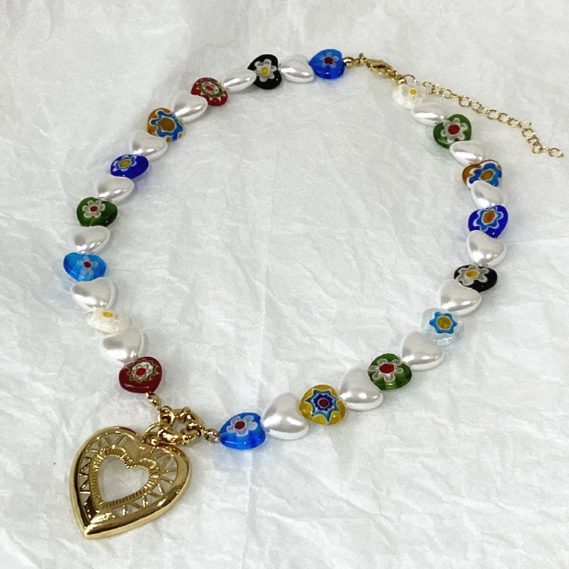 Hand-painted Flower Necklace Natural Freshwater Pearl Glass Beads Party Jewelry