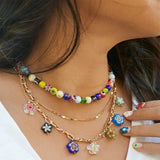 Hand-painted Flower Necklace Natural Freshwater Pearl Glass Beads Party Jewelry