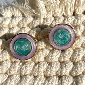 Vintage Enamel Drop Green Pearl Stud Earrings