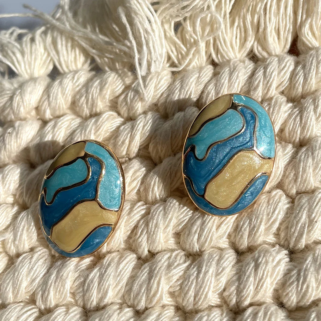 Vintage Enamel Drop Green Pearl Stud Earrings