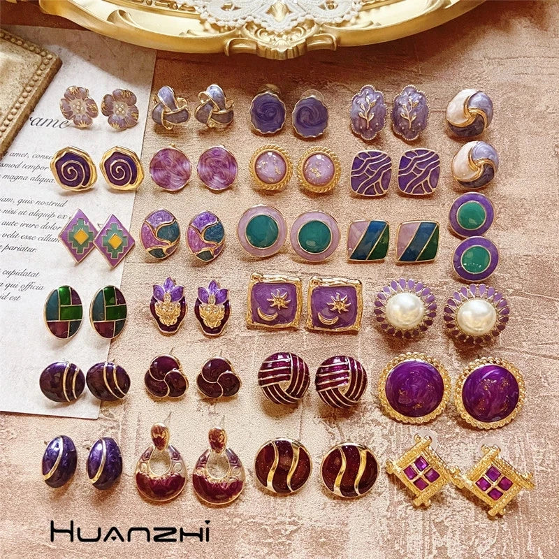 Vintage Purple Geometric Carved Stud Earring