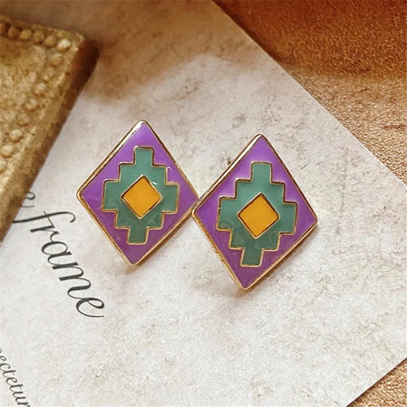 Vintage Purple Geometric Carved Stud Earring