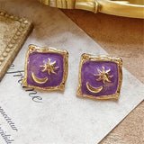 Vintage Purple Geometric Carved Stud Earring