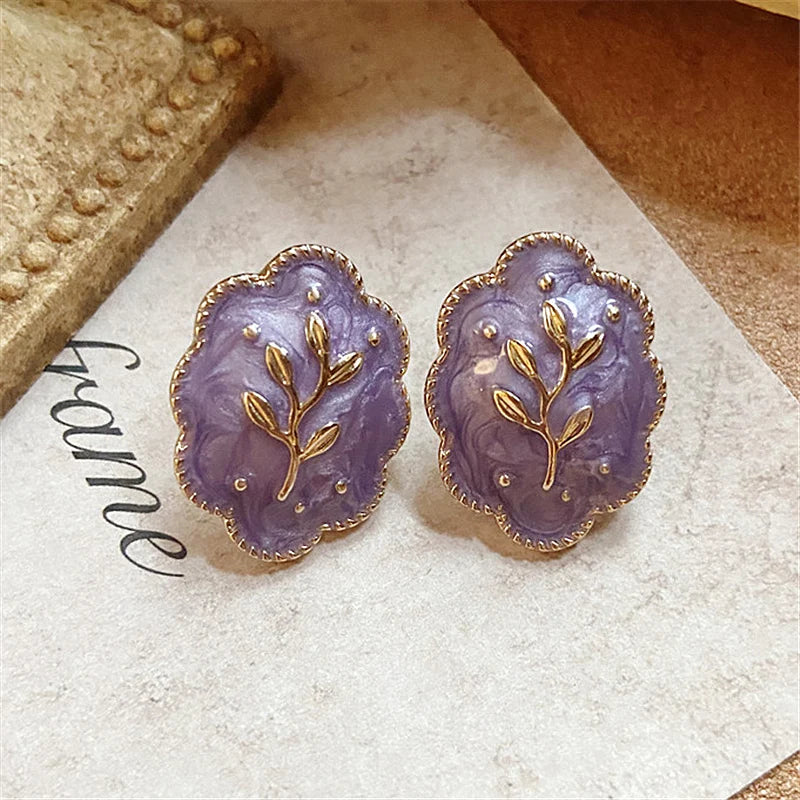 Vintage Purple Geometric Carved Stud Earring