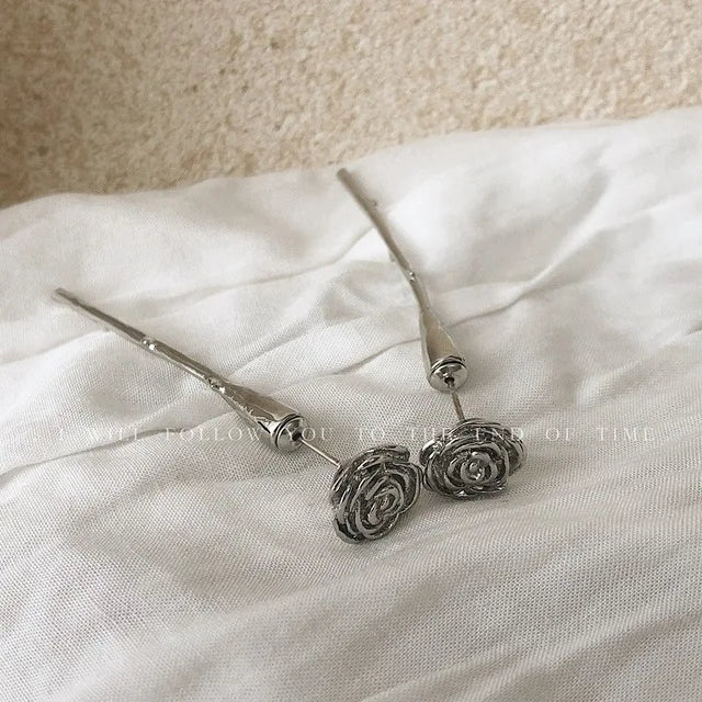 Barbed Rose Stud Earrings 925 Silver Metal Geometric Jewelry