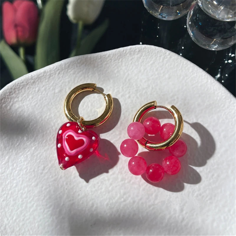 Vintage Sweet Red Heart Water Drop Earrings for Women Girls