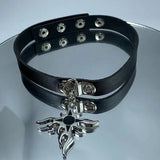 Round Leather Pendant Necklace Rock Gothic Punk Cross Choker Necklace Metal