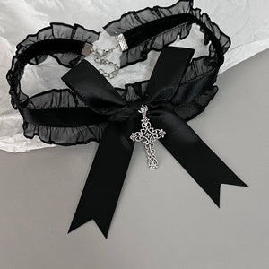 Lace Necklace Ribbon Bow Gothic Cross Pendant Collar Choker