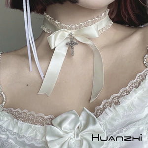 Lace Necklace Ribbon Bow Gothic Cross Pendant Collar Choker