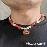 Colorful Skull Beaded Necklace Acrylic Pumpkin Pendant Jewelry