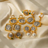 French Vintage Earrings Portrait Knight Green Opal Stud Relief Old Coins Pearl