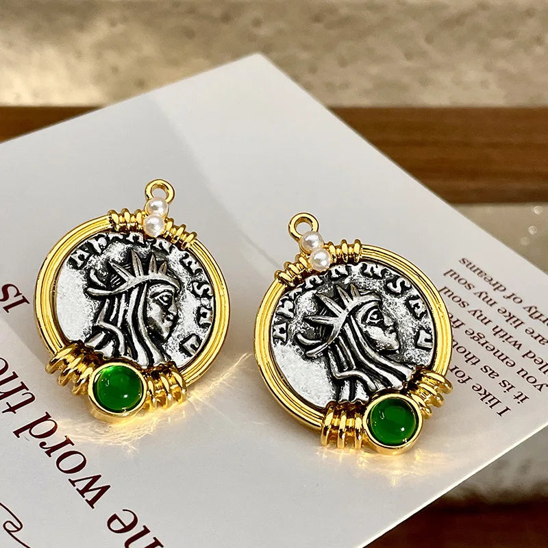 French Vintage Earrings Portrait Knight Green Opal Stud Relief Old Coins Pearl