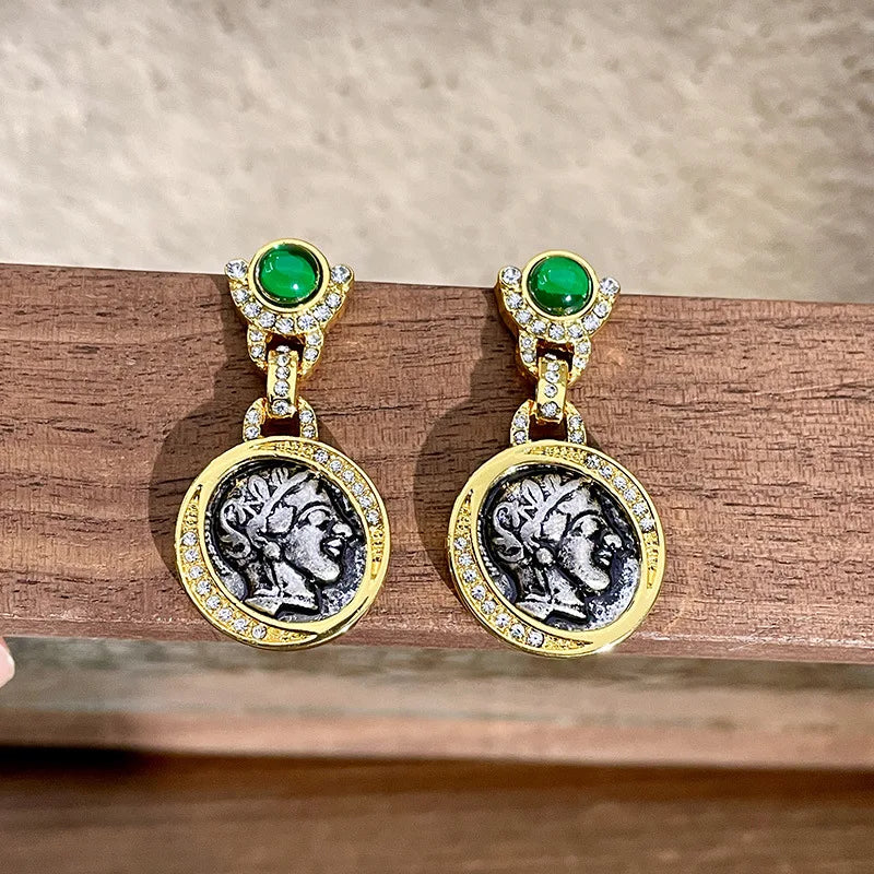 French Vintage Earrings Portrait Knight Green Opal Stud Relief Old Coins Pearl