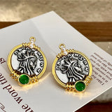 French Vintage Earrings Portrait Knight Green Opal Stud Relief Old Coins Pearl