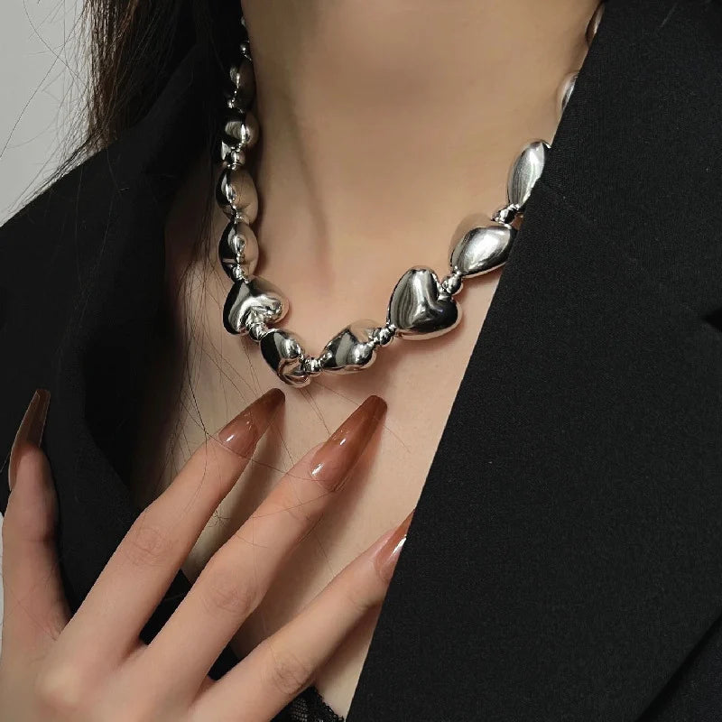 HUANZHI Hip Hop 3D Heart Silver Collarbone Necklace for Women Girls