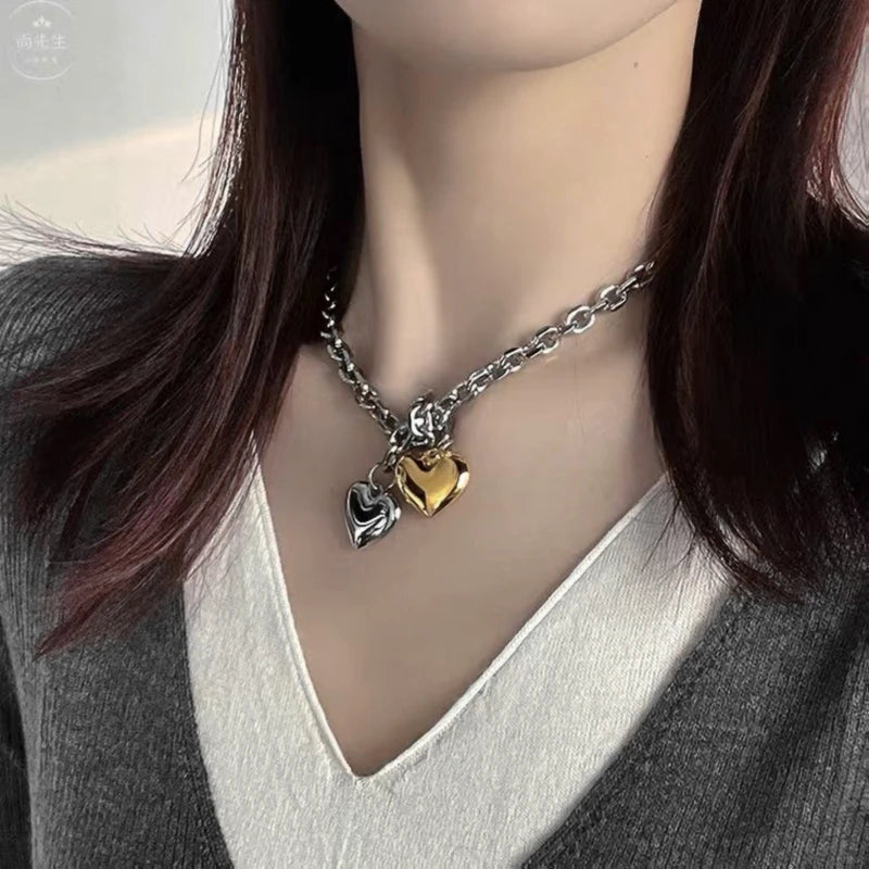 HUANZHI Hip Hop 3D Heart Silver Collarbone Necklace for Women Girls