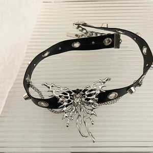 Hip-hop Metal Butterfly Choker Punk Leather Hollow Studded Chain Collar Necklace
