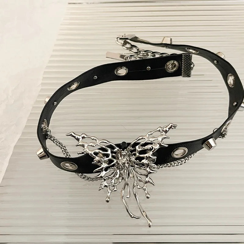 Hip-hop Metal Butterfly Choker Punk Leather Hollow Studded Chain Collar Necklace