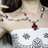 Y2K Cross Heart Pendant Beads Necklace Transparent Pearls Choker