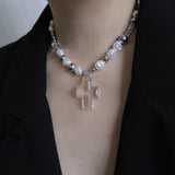 Y2K Cross Heart Pendant Beads Necklace Transparent Pearls Choker