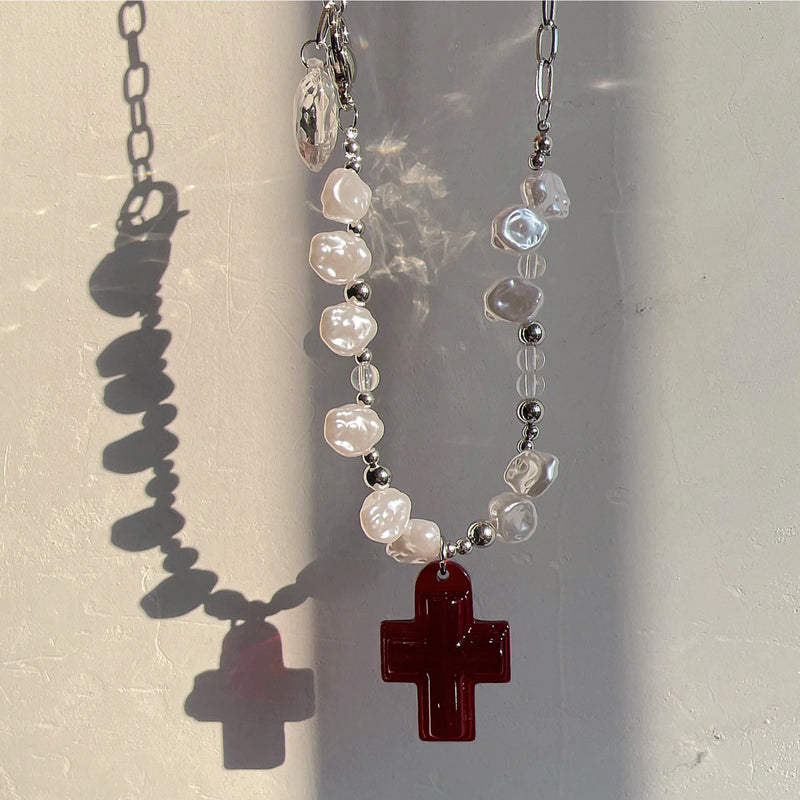 Y2K Cross Heart Pendant Beads Necklace Transparent Pearls Choker