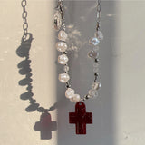 Y2K Cross Heart Pendant Beads Necklace Transparent Pearls Choker