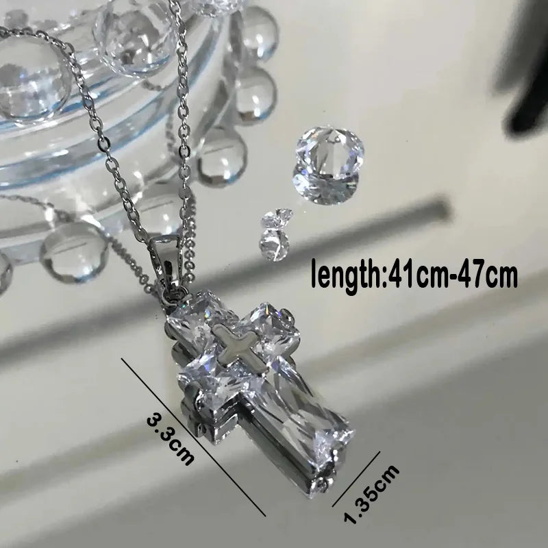 Y2K Zircon Cross Necklace Colorful Transparent Pendant Chain Choker
