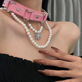 Pink Studded Leather Choker Necklace with Butterfly Pendant